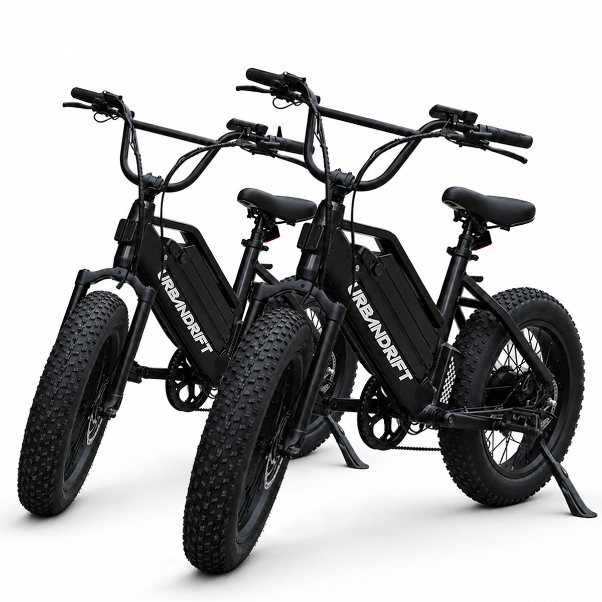 Urban Drift S1 fat tire electric bicycle with 52V pedal-assist system, black frame, large tires, and ergonomic handlebars.