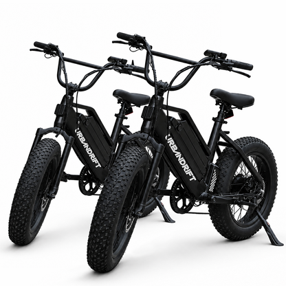 Urban Drift S1 fat tire electric bicycle with 52V pedal-assist system, black frame, large tires, and ergonomic handlebars.