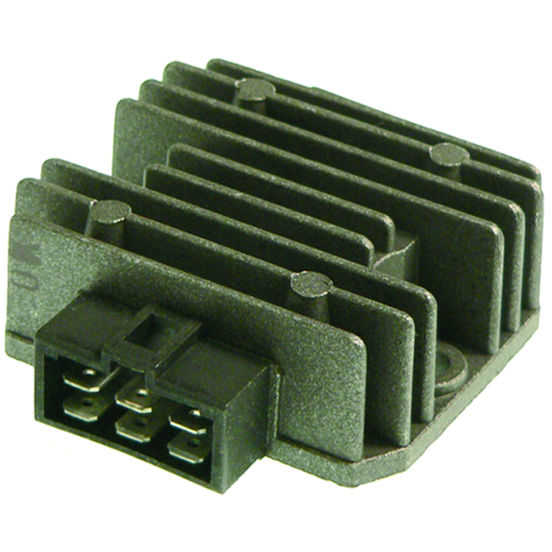 QuadBoss voltage regulator for Kawasaki KLF220 and KLF250 Bayou models, showing the black rectangular component with wiring.