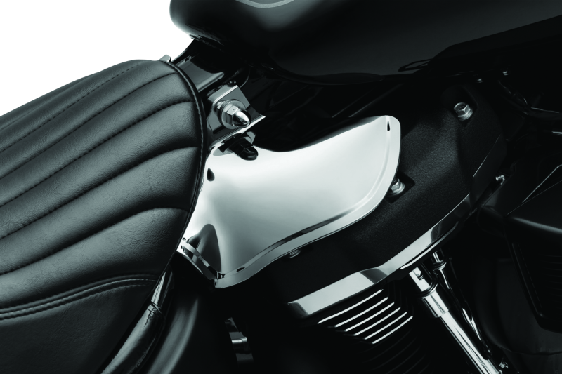 Kuryakyn Saddle Shields heat deflectors attached to 2018 Harley Davidson Softail motorcycle seats, providing heat protection.
