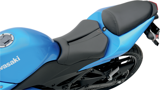 Black SADDLEMEN Gel Channel Track Carbon Fiber Sport Seat for engine, featuring a sleek design with carbon fiber finish.