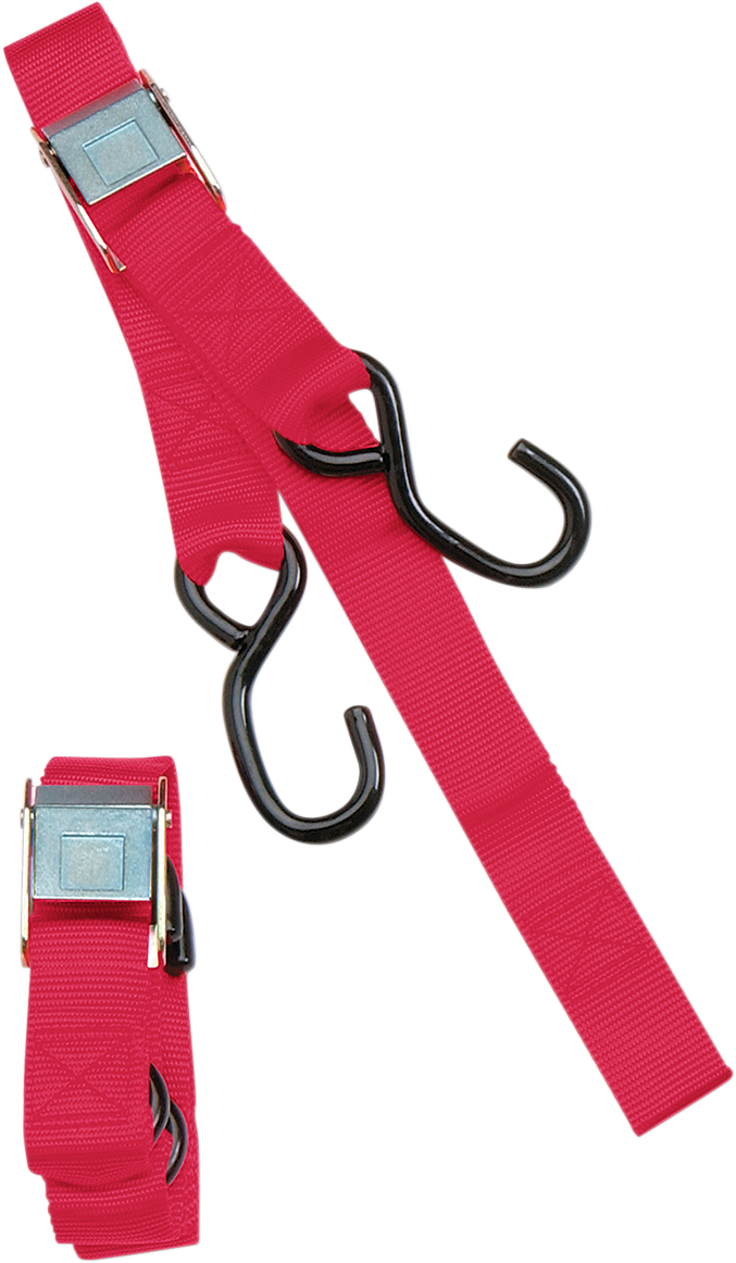 Red PARTS UNLIMITED cam buckle tie-down strap, 1 inch by 5.5 feet, shown in a close-up image.