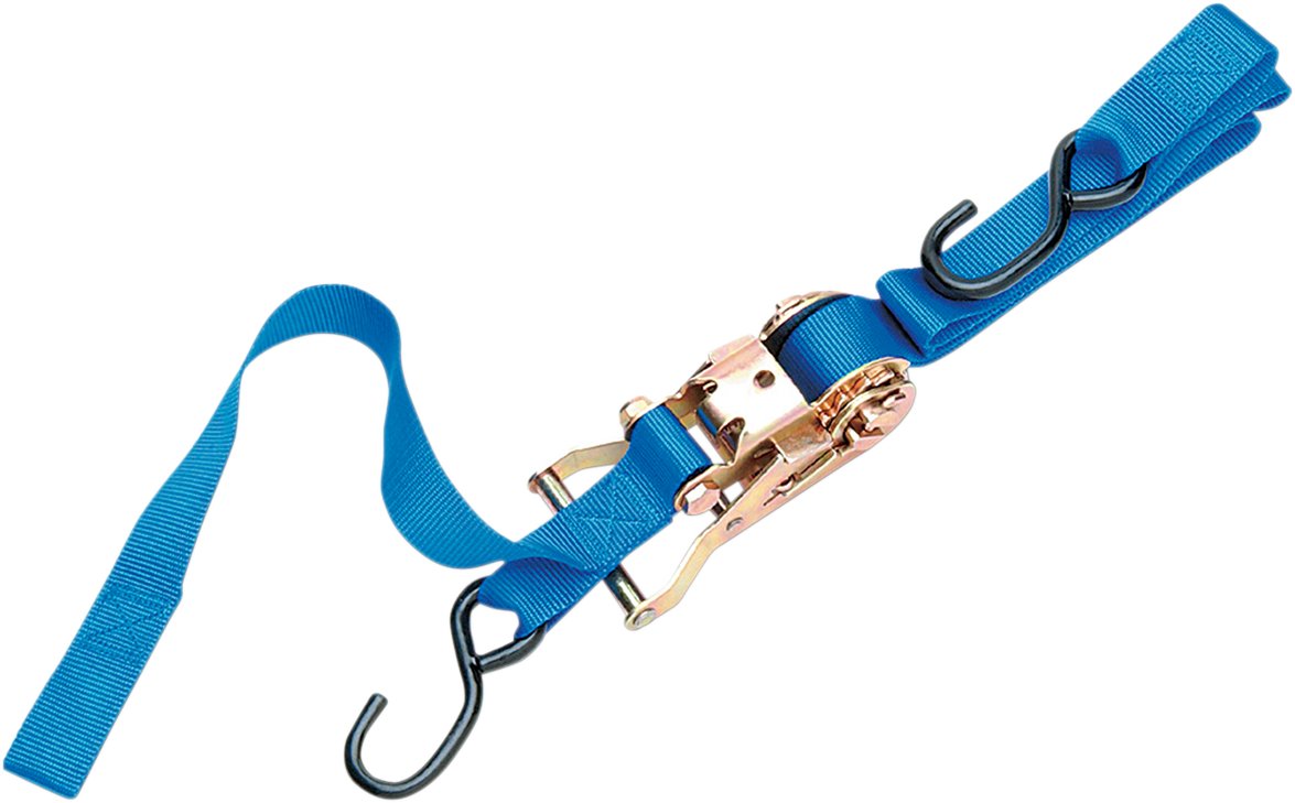 Blue 1-inch ratchet tied down strap with assist from PARTS UNLIMITED, designed for secure cargo fastening.
