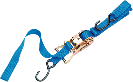 Blue 1-inch ratchet tied down strap with assist from PARTS UNLIMITED, designed for secure cargo fastening.