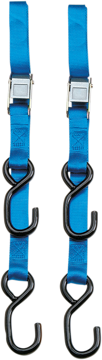 Blue 1.5-inch Parts Unlimited tie-down strap with 6-foot webbing and nonslip cam buckle for secure cargo fastening.