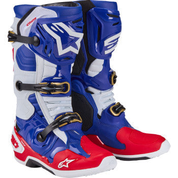 Alpinestars Union Tech 10 motorcycle boots in red, white, and blue with black accents, US size 11, racing style.