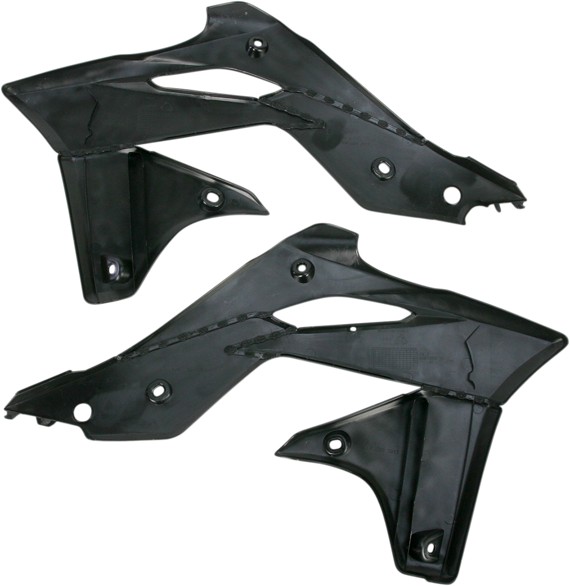 Black ACERBIS radiator shrouds for body of motorcycle, featuring sleek design and mounting points, by Bill's Exhausts.