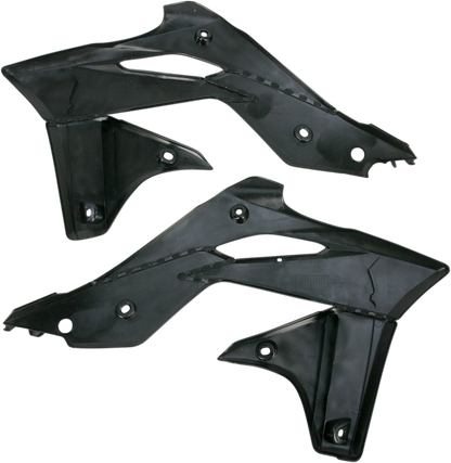 Black ACERBIS radiator shrouds for body of motorcycle, featuring sleek design and mounting points, by Bill's Exhausts.
