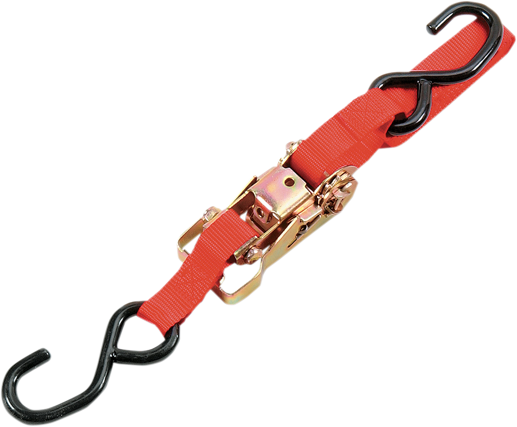 Red Parts Unlimited heavy-duty ratchet tie-down strap, 1-1/2 inch by 6 feet, with locking mechanism for secure cargo fastening.