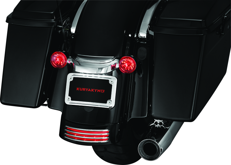 Chrome Kuryakyn curved license plate mount for Harley-Davidson Street Glide and Road Glide motorcycles.