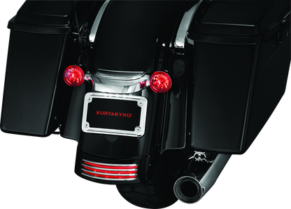 Chrome Kuryakyn curved license plate mount for Harley-Davidson Street Glide and Road Glide motorcycles.