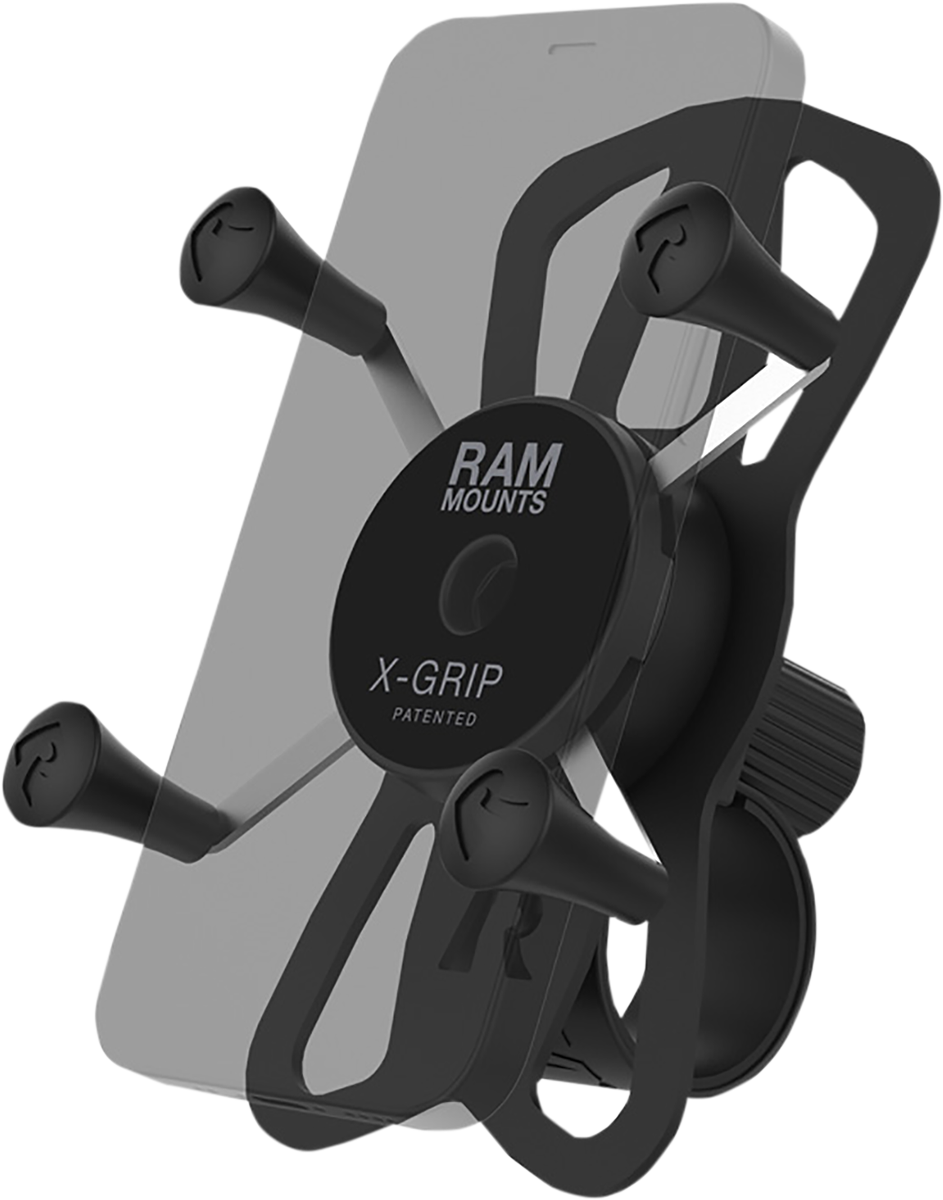 Bill's Exhausts RAM MOUNTS X-Grip phone mount with tough-strap handlebar base attached to a motorcycle engine.