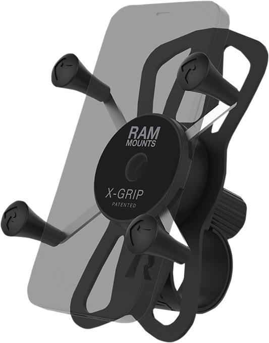 Bill's Exhausts RAM MOUNTS X-Grip phone mount with tough-strap handlebar base attached to a motorcycle engine.