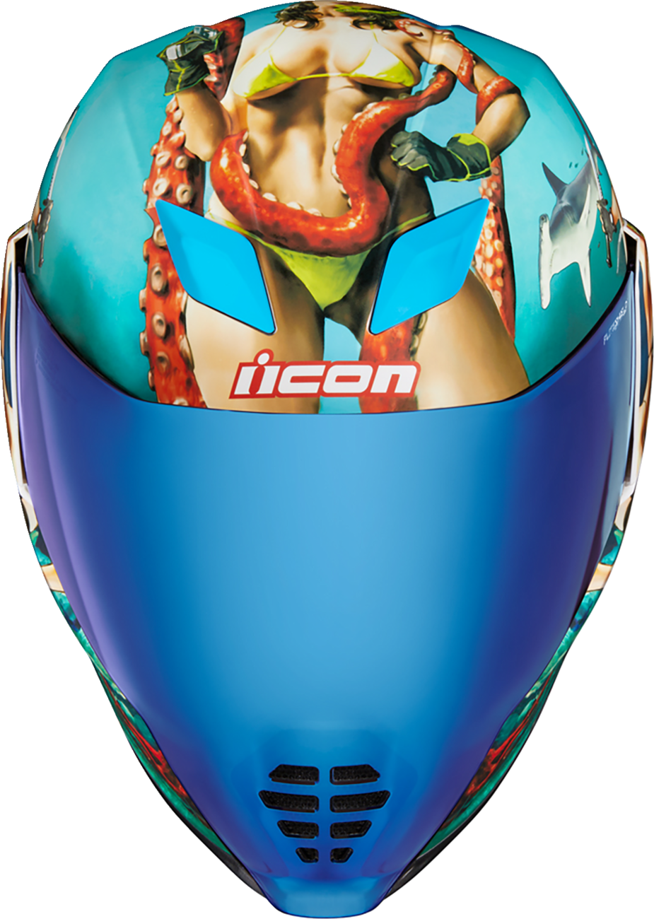 Blue ICON Airflite™ helmet in small size with Pleasuredome4 design, featuring aerodynamic helmet features and a sleek finish.