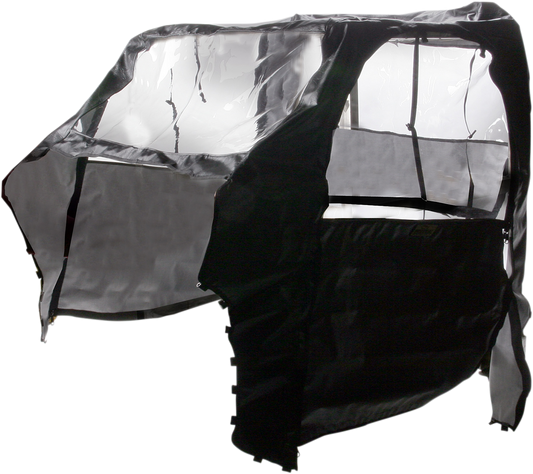 Black MOOSE OFFROAD Cab Enclosure with clear vinyl windows for PRZRCE-11 side-by-side UTV, providing weather protection and visibility.