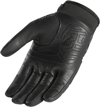 Black ICON Women's Twenty-Niner CE Gloves in small size, featuring protective padding and a sleek design for motorcycle riding.