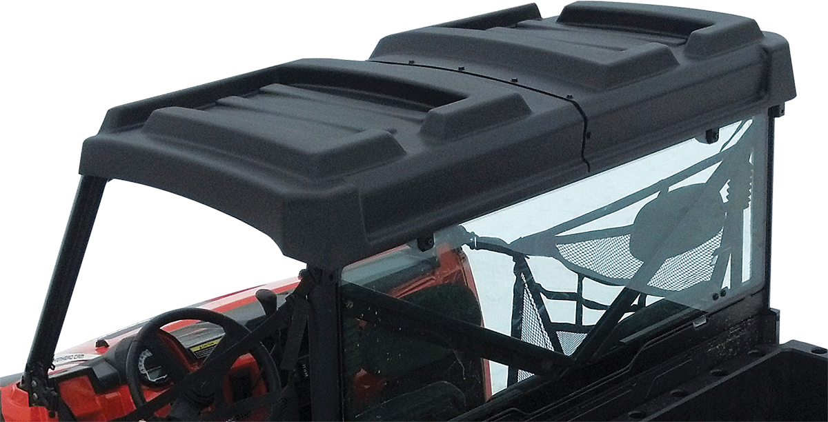 MOOSE OFFROAD UTV roof, two-piece polyethylene design with molded storage compartments and drainage holes for off-road vehicles.