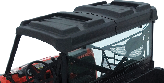 MOOSE OFFROAD UTV roof, two-piece polyethylene design with molded storage compartments and drainage holes for off-road vehicles.
