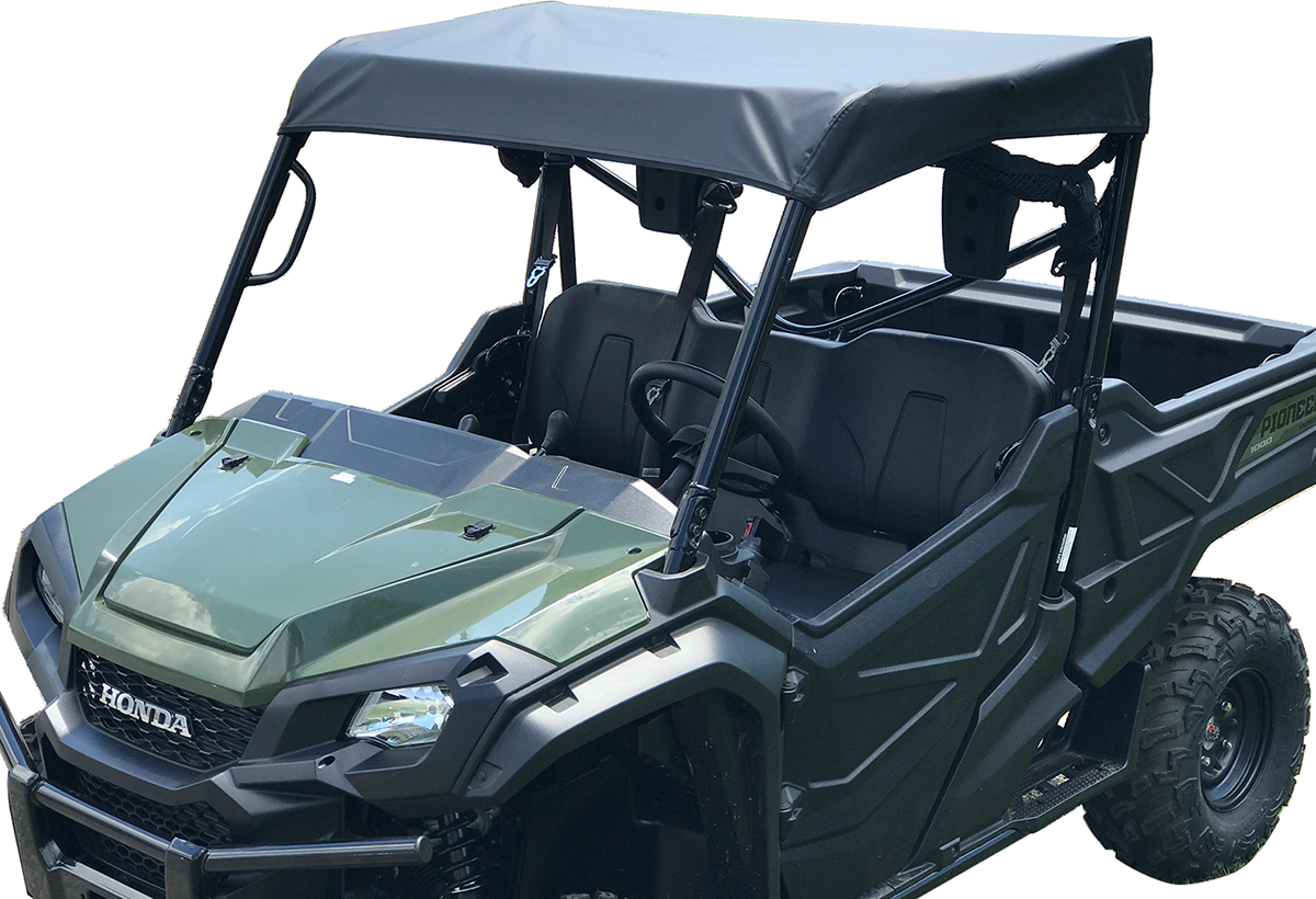 Black Moose Offroad Pioneer 1000 roof cap mounted on side view, designed for offroad UTVs with part number PIOTRC-11