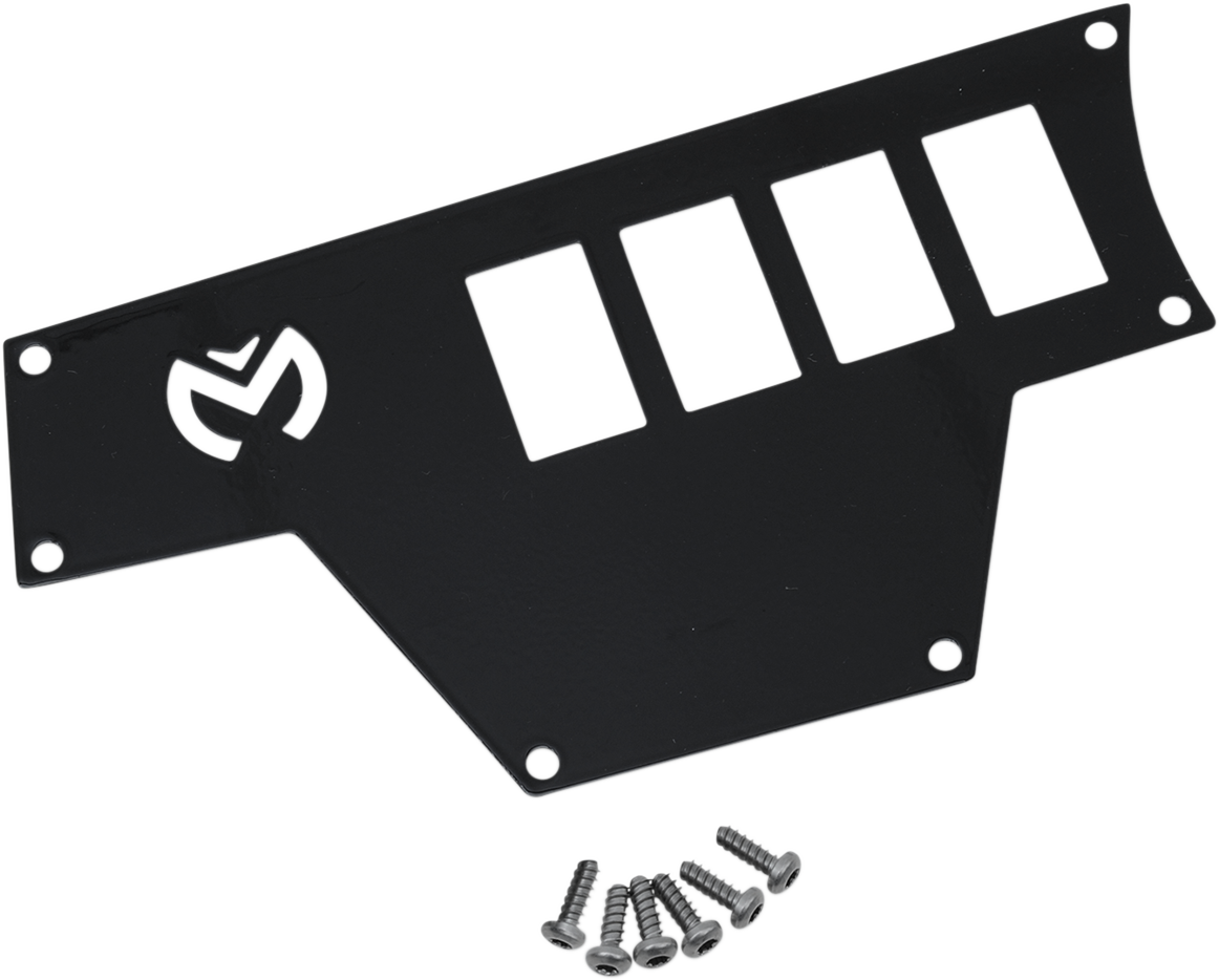 MOOSE OFFROAD large black left dash plate for RZR side-by-side vehicle, part number 100-4360-PU, mounted inside RZR dashboard area