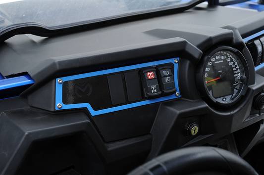 Blue Moose Offroad dash plate for left side of Polaris RZR, made of durable material, mounted on the dashboard.