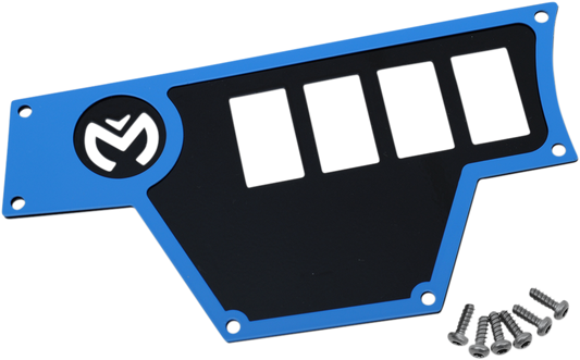 Large blue Moose Offroad RZR dash plate, left side, for off-road Polaris RZR vehicles, part 100-4362-PU.