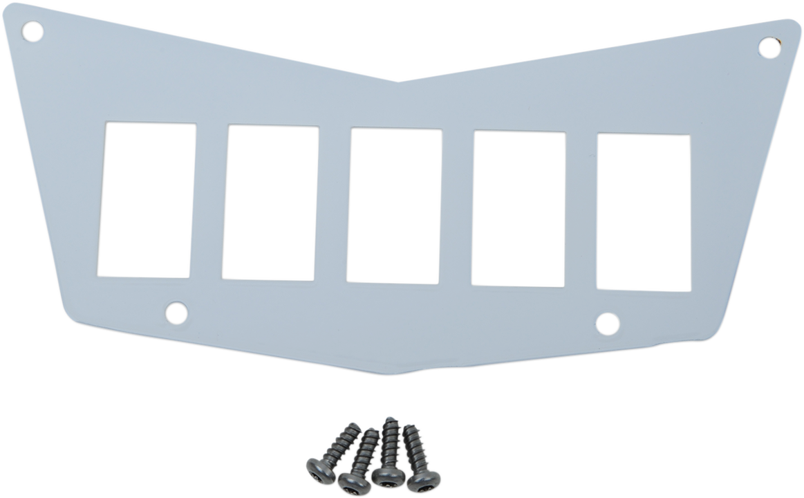 White Moose Offroad dash plate with five switch slots for Polaris RZR, part #100-4381-PU, mounted inside a vehicle.