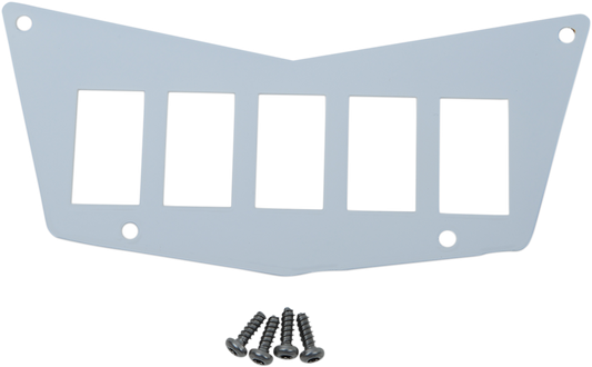 White Moose Offroad dash plate with five switch slots for Polaris RZR, part #100-4381-PU, mounted inside a vehicle.