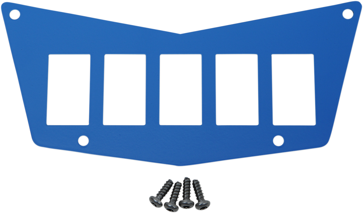 Blue Moose Offroad dash plate with five switches for Polaris RZR side-by-side, durable metal with mounting hardware.