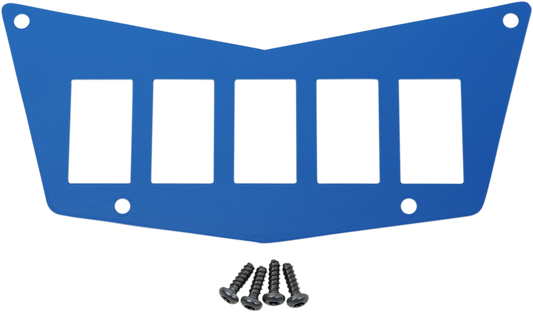 Blue Moose Offroad dash plate with five switches for Polaris RZR side-by-side, durable metal with mounting hardware.