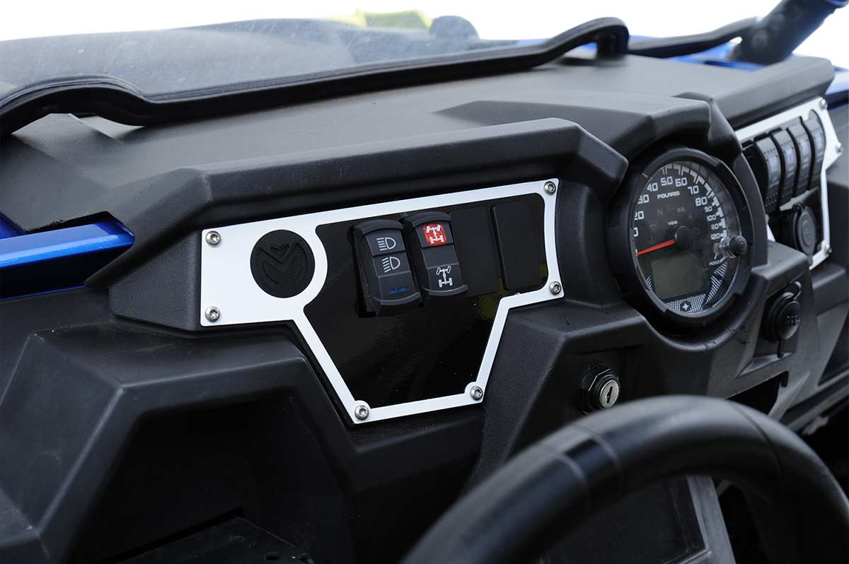 Large white Moose Offroad dash plate for RZR, left side, made of durable material, designed to fit RZR off-road vehicles.