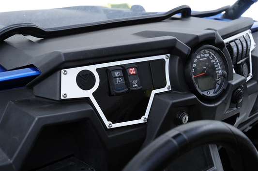 Large white Moose Offroad dash plate for RZR, left side, made of durable material, designed to fit RZR off-road vehicles.