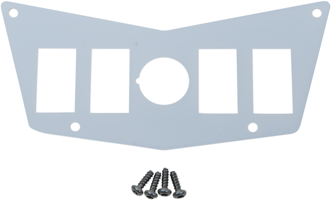 MOOSE OFFROAD dash plate with four switches for Polaris RZR, black metal with switch labels, mounted in vehicle dashboard.