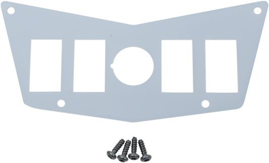 MOOSE OFFROAD dash plate with four switches for Polaris RZR, black metal with switch labels, mounted in vehicle dashboard.