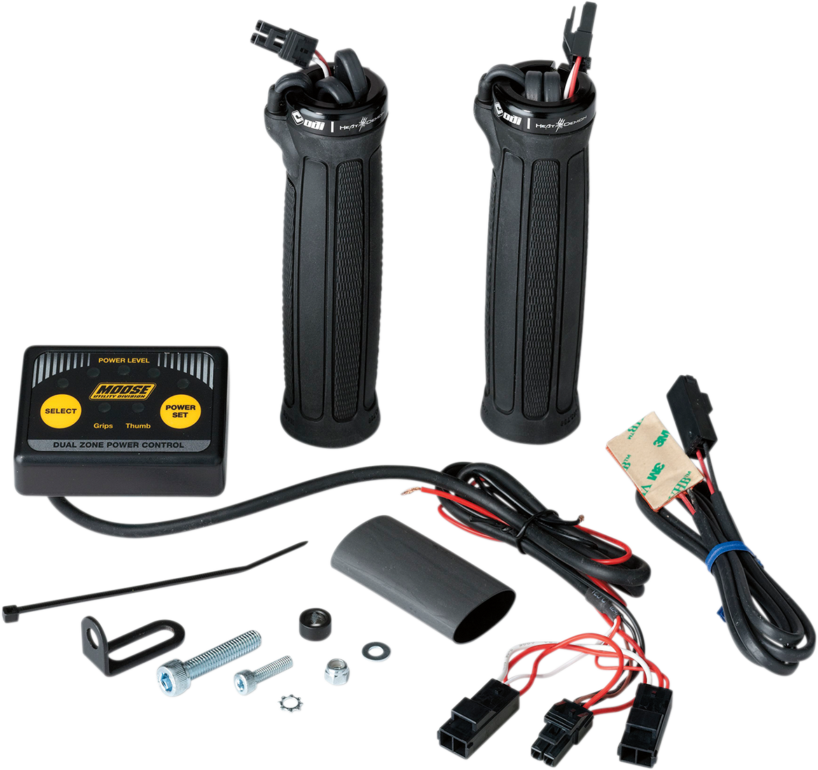 MOOSE OFFROAD clamp-on dual zone heated grip kit for ATVs, showing black grips with wiring and control switches.