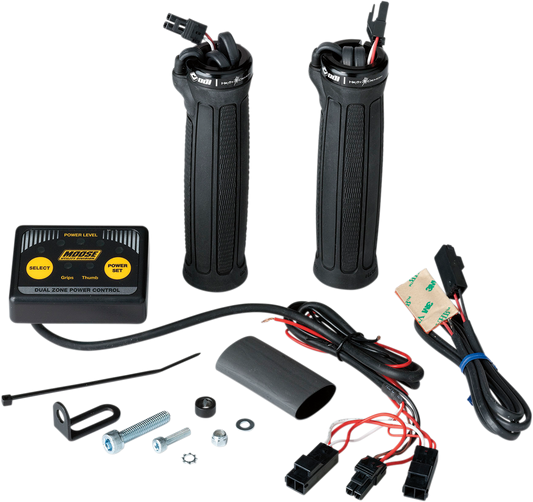 MOOSE OFFROAD clamp-on dual zone heated grip kit for ATVs, showing black grips with wiring and control switches.
