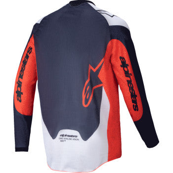 Alpinestars Pro-Dura Jersey in navy, orange, and white, large size, featuring breathable fabric and sporty design.