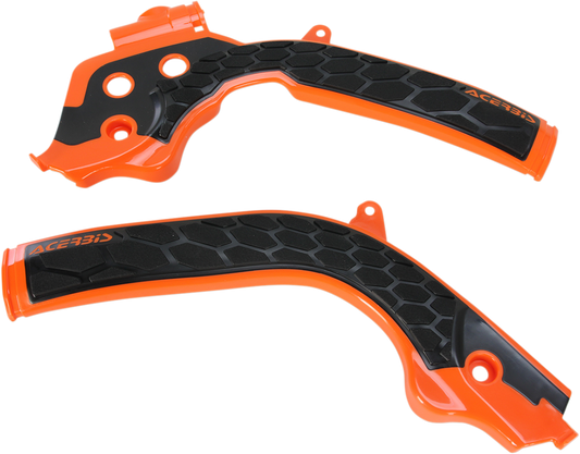 ACERBIS X-Grip Frame Guards for bikes in orange and black, designed to protect motorcycle frames from damage.