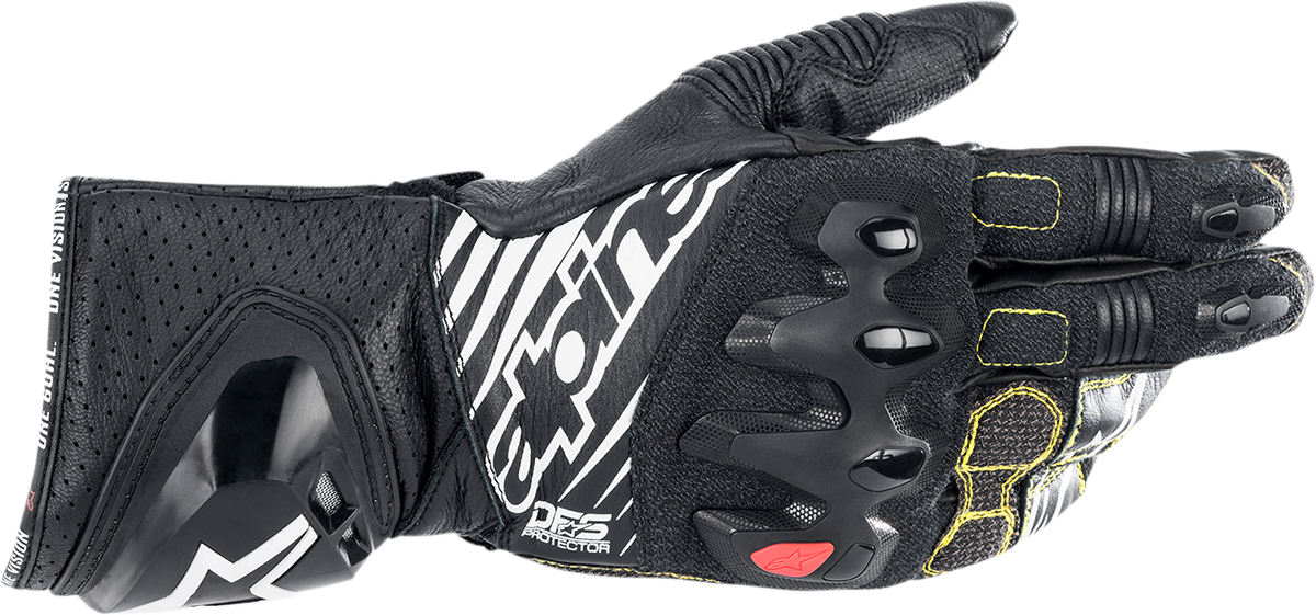 Alpinestars GP Tech v2 motorcycle gloves in black and white, medium size, featuring protective armor and adjustable wrist straps.