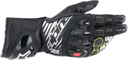 Alpinestars GP Tech v2 motorcycle gloves in black and white, medium size, featuring protective armor and adjustable wrist straps.