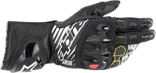 Alpinestars GP Tech v2 motorcycle gloves in black and white, size 3XL, showing the durable leather and protective design.