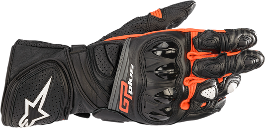 Alpinestars GP Plus R v2 motorcycle gloves in black and fluo red, 2XL, with protective knuckles and reinforced palm for enhanced hand protection.