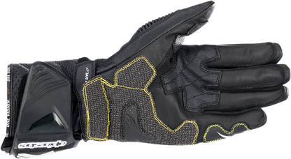Alpinestars GP Tech v2 motorcycle gloves in black and white, size 3XL, featuring protective armor and durable leather construction.