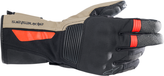 Alpinestars Denali Aerogel Drystar® gloves in black, dark khaki, and fluo red, small size, showing protective riding gloves.
