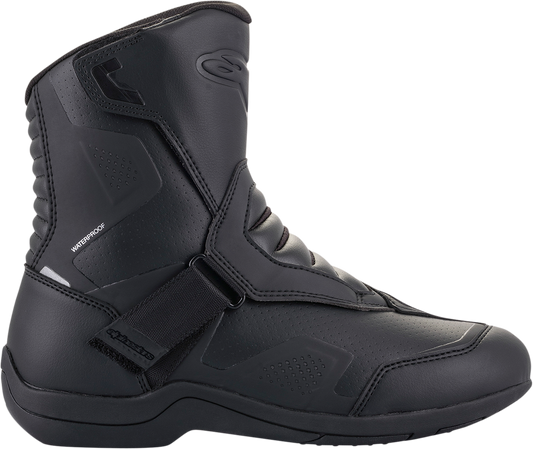 Alpinestars Waterproof V2 Ridge motorcycle boots in black, US 12.5, showing sturdy leather construction and waterproof design.