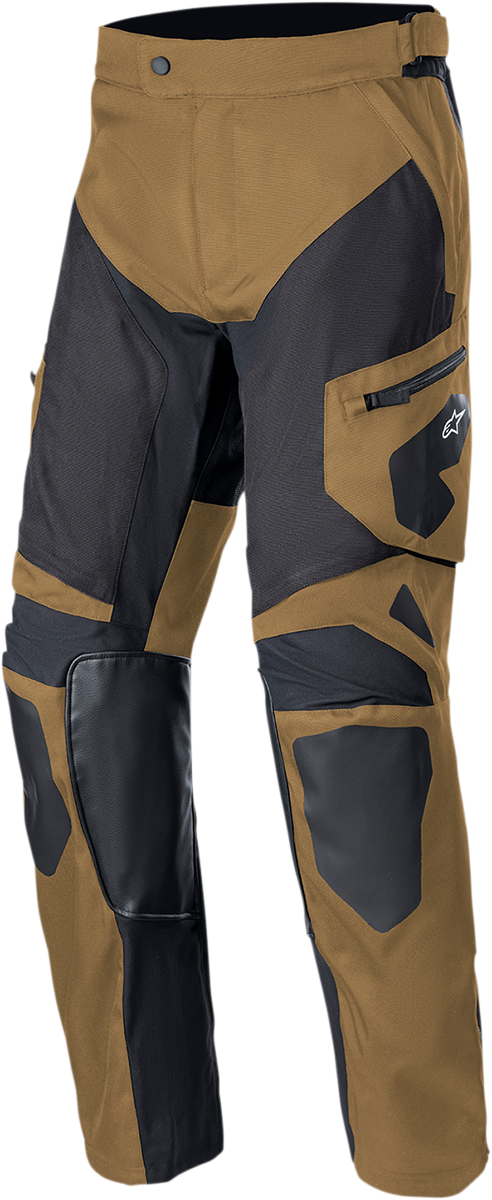 Alpinestars Venture XT over-the-boot motorcycle pants in tan and black, small size, with reinforced knee and durable fabric.