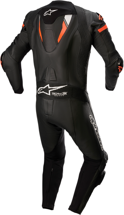 Alpinestars Missile Ignition v2 black and red fluo one-piece leather motorcycle suit with protective armor, US 48 / EU 58.