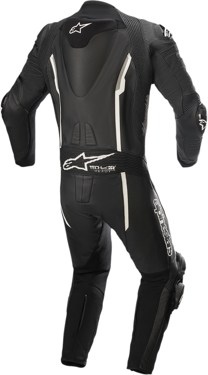 Alpinestars Missile v2 1-piece leather motorcycle suit in black and white, size US 46 / EU 56, shown on a mannequin.