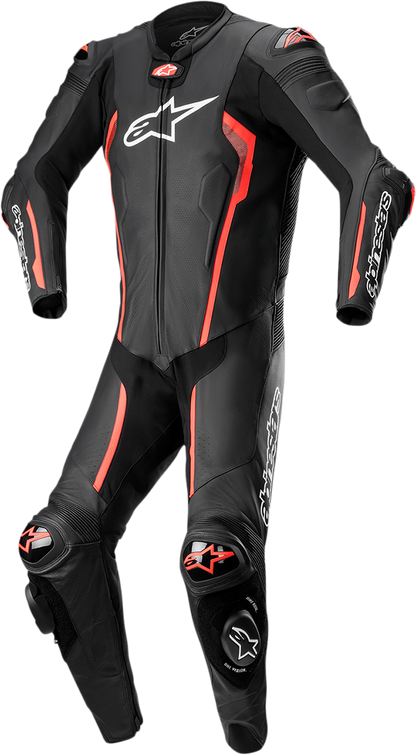 Alpinestars Missile v2 1-piece racing leather suit in black and red fluo, size US 48 / EU 58, with armored panels and racing design.