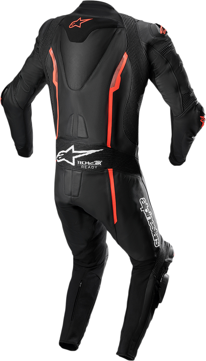 Alpinestars Missile v2 1-piece racing leather suit in black and red fluo, US 48/EU 58, designed for motorcycle racing.